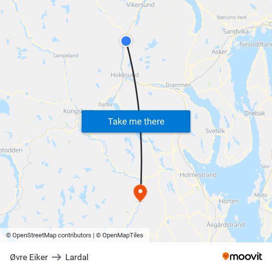 Øvre Eiker to Lardal map