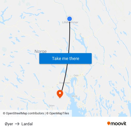 Øyer to Lardal map