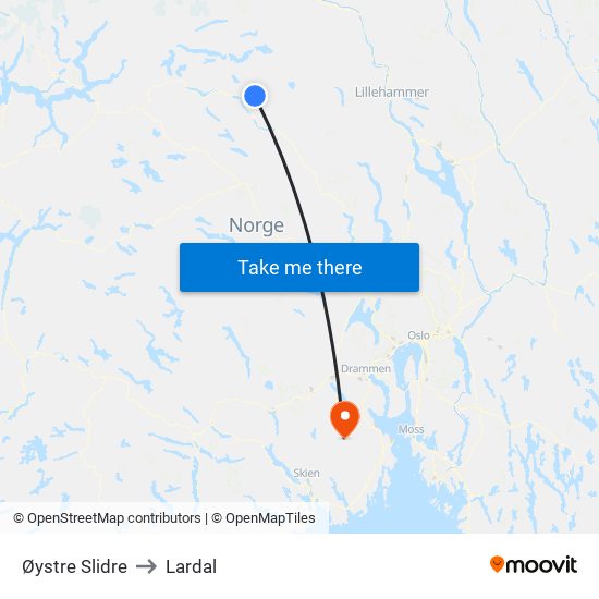 Øystre Slidre to Lardal map