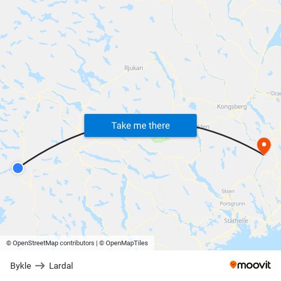 Bykle to Lardal map