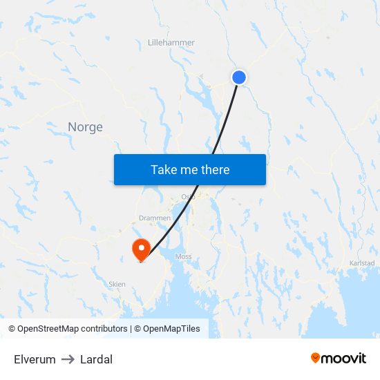 Elverum to Lardal map