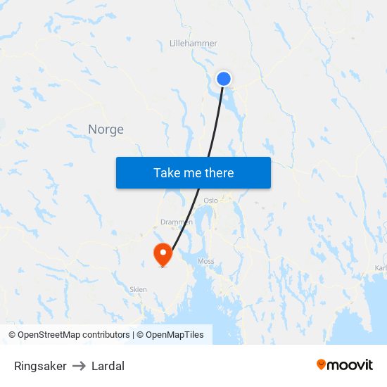 Ringsaker to Lardal map