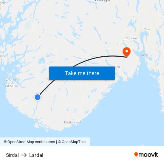 Sirdal to Lardal map