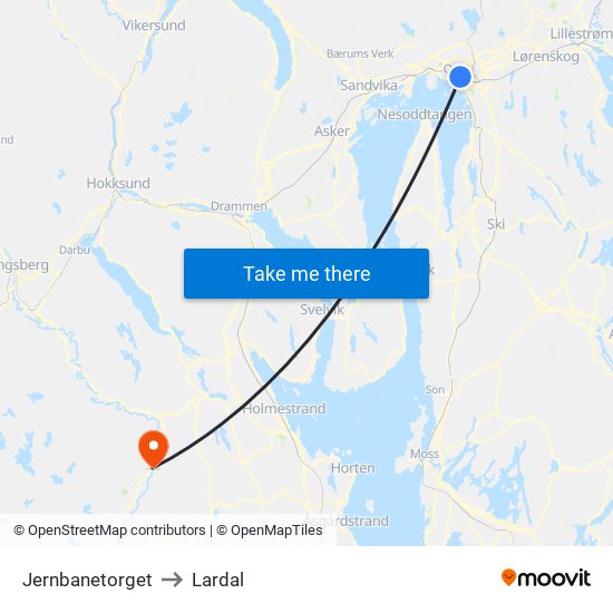 Jernbanetorget to Lardal map