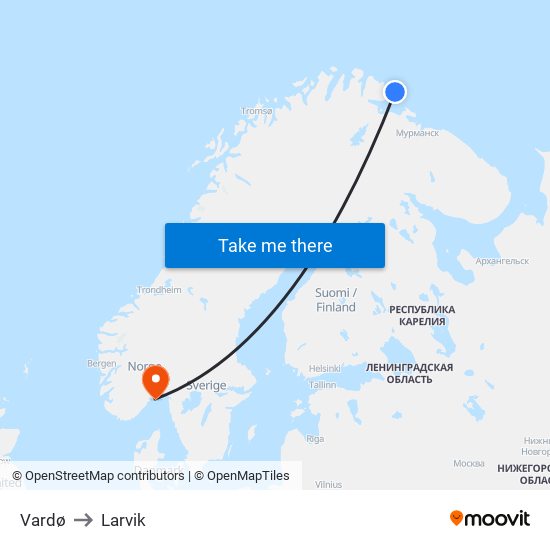 Vardø to Larvik map
