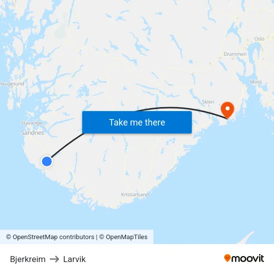Bjerkreim to Larvik map