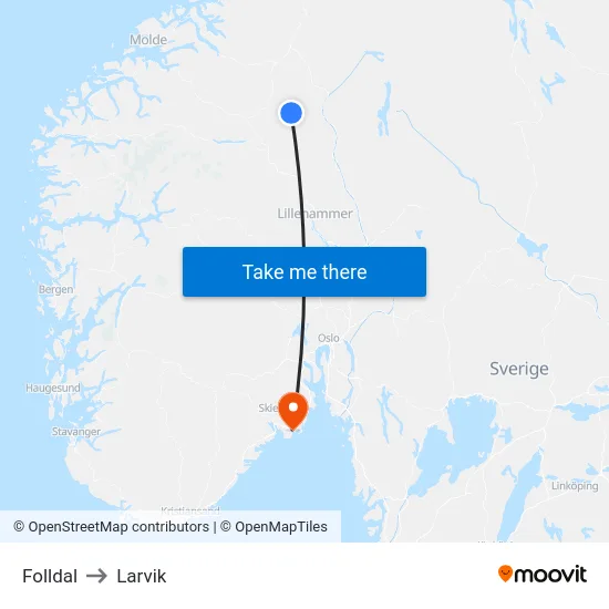 Folldal to Larvik map