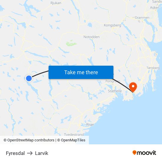 Fyresdal to Larvik map
