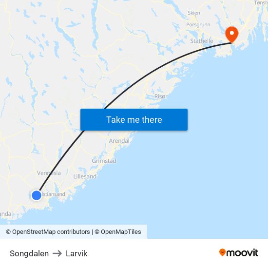 Songdalen to Larvik map