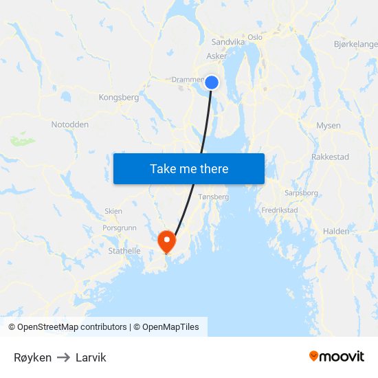 Røyken to Larvik map