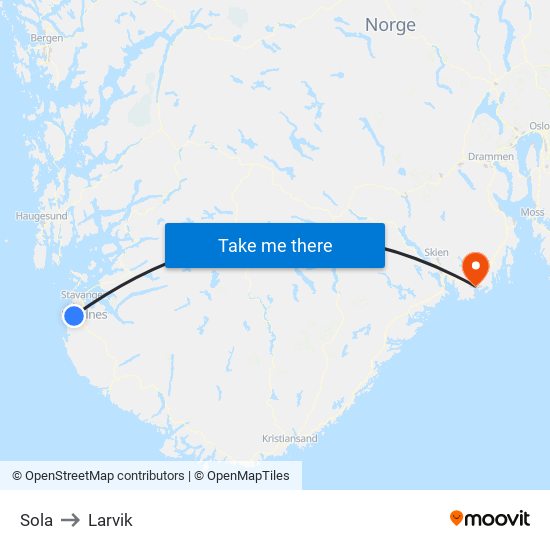 Sola to Larvik map