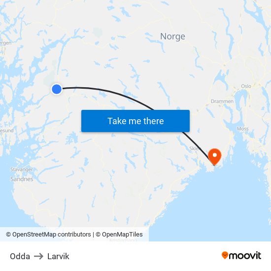 Odda to Larvik map