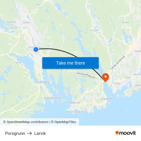 Porsgrunn to Larvik map