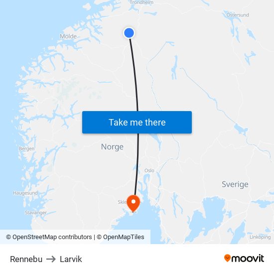 Rennebu to Larvik map