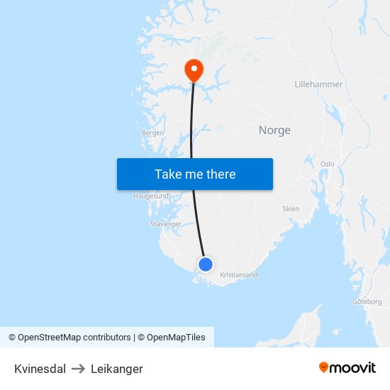 Kvinesdal to Leikanger map