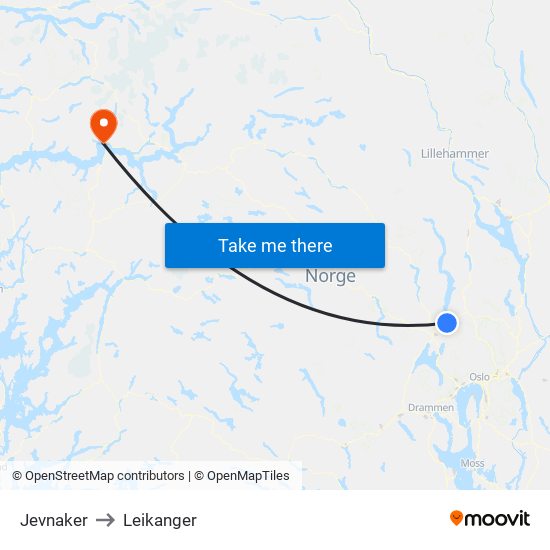 Jevnaker to Leikanger map