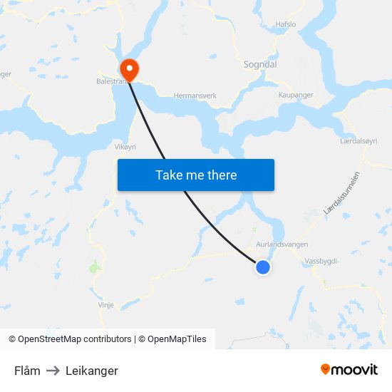 Flåm to Leikanger map