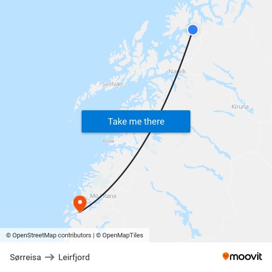 Sørreisa to Leirfjord map