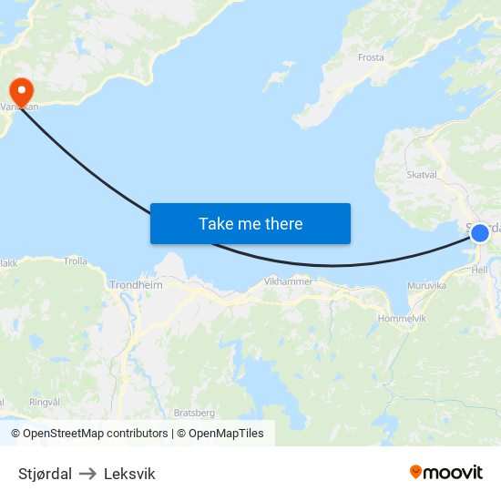 Stjørdal to Leksvik map
