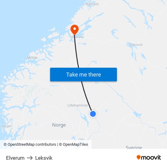 Elverum to Leksvik map