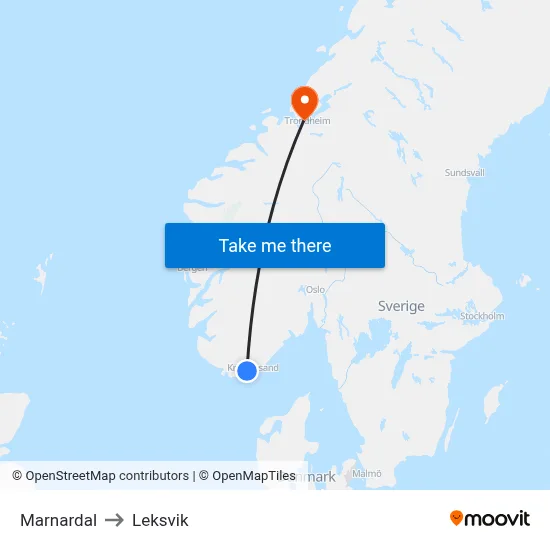 Marnardal to Leksvik map