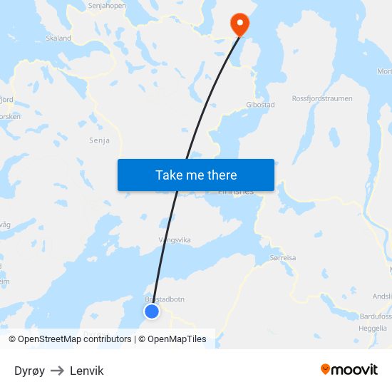 Dyrøy to Lenvik map