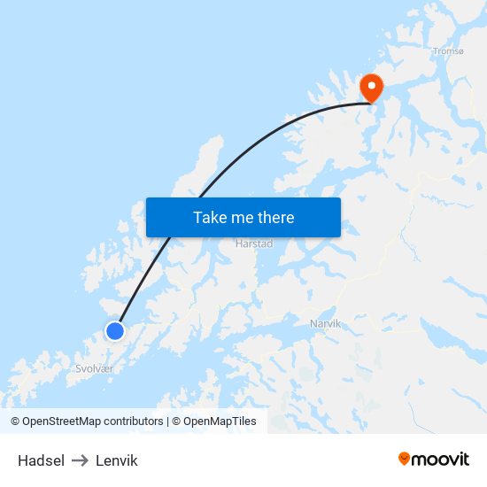 Hadsel to Lenvik map