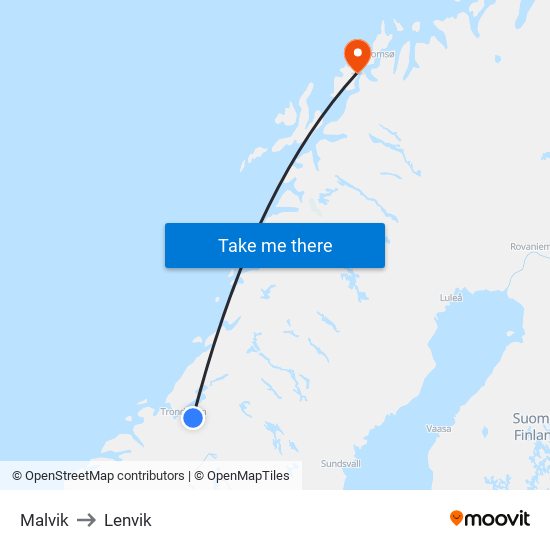 Malvik to Lenvik map