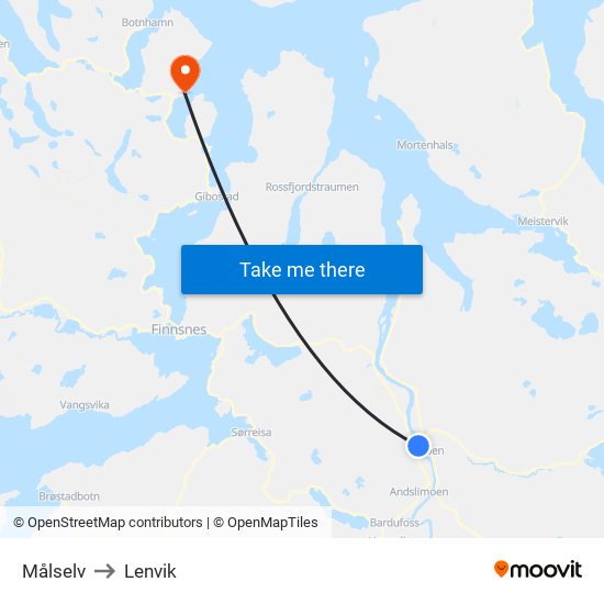 Målselv to Lenvik map