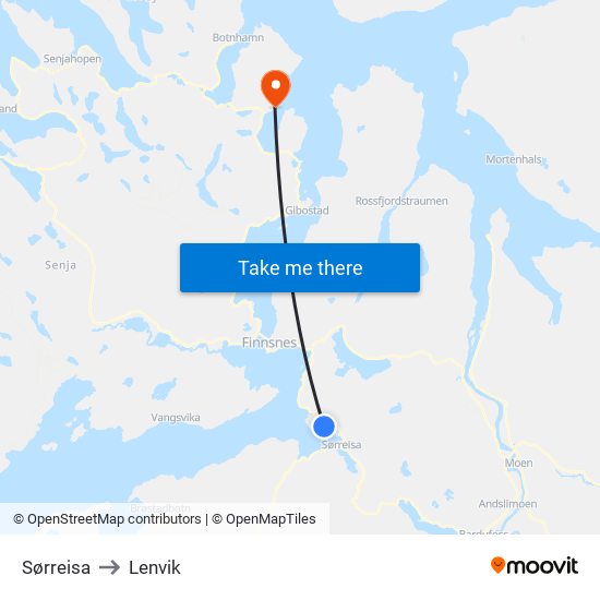 Sørreisa to Lenvik map