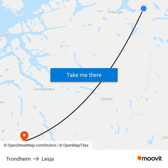 Trondheim to Lesja map