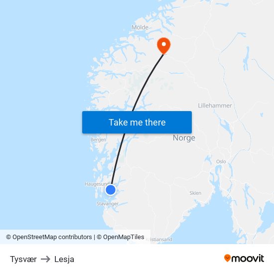 Tysvær to Lesja map