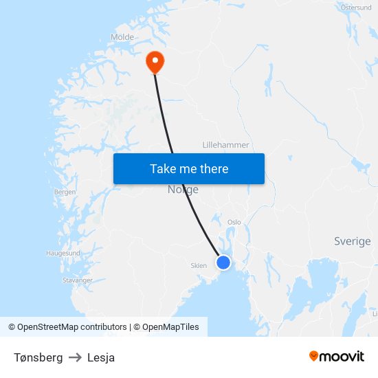 Tønsberg to Lesja map