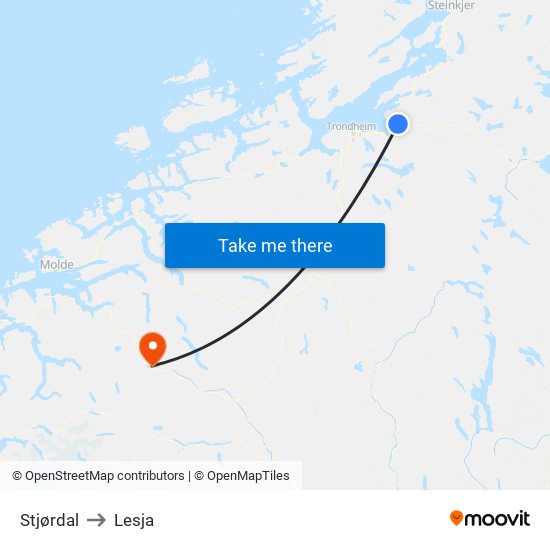 Stjørdal to Lesja map