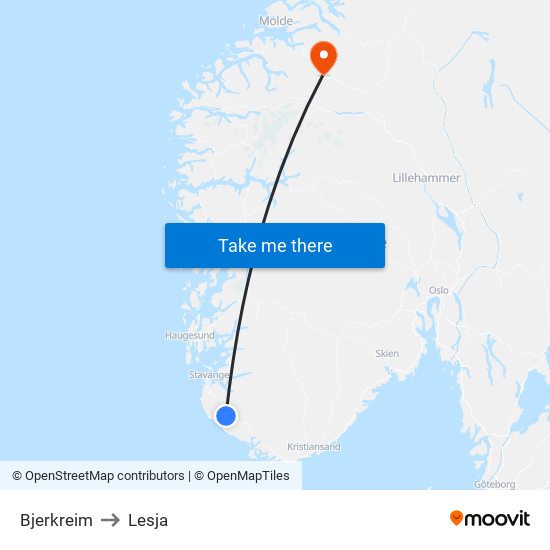 Bjerkreim to Lesja map