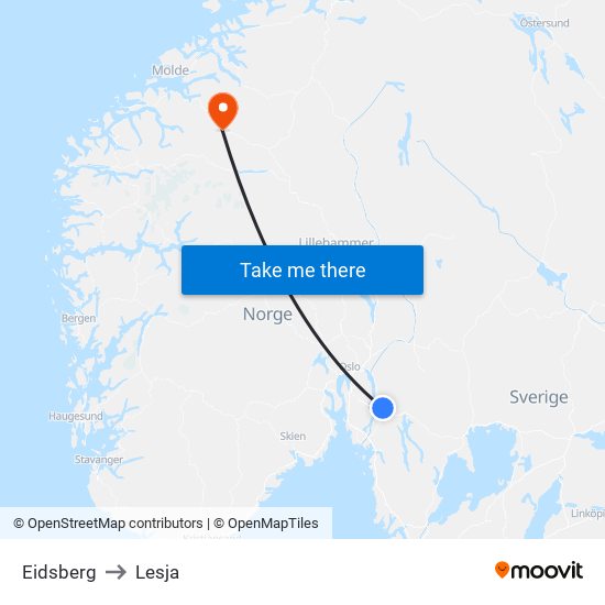 Eidsberg to Lesja map