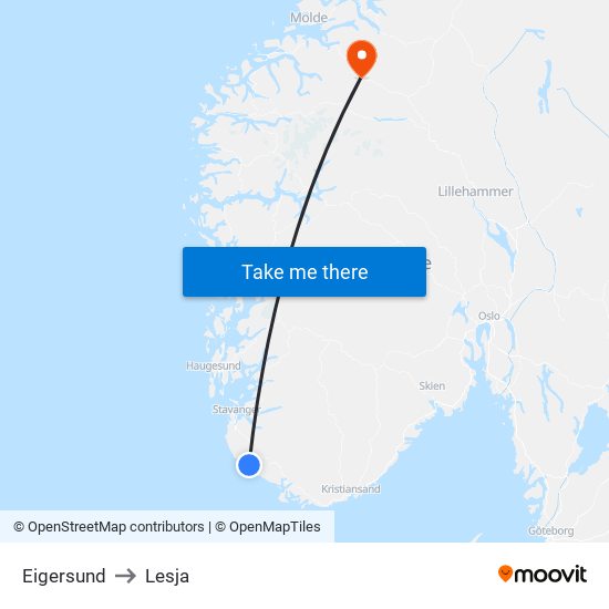 Eigersund to Lesja map