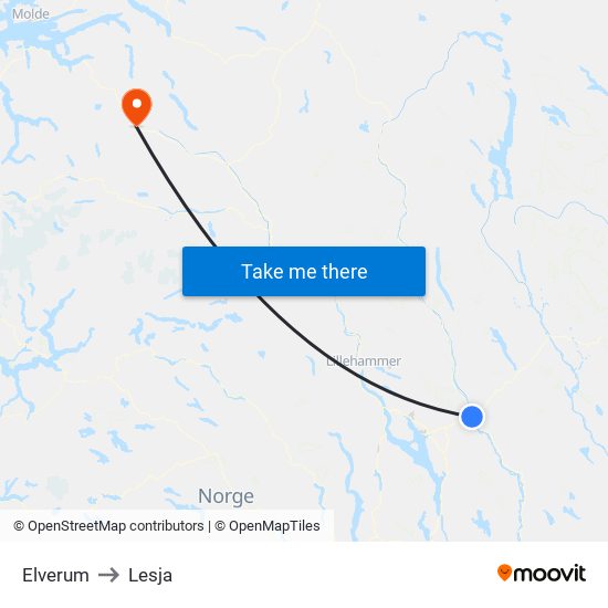 Elverum to Lesja map