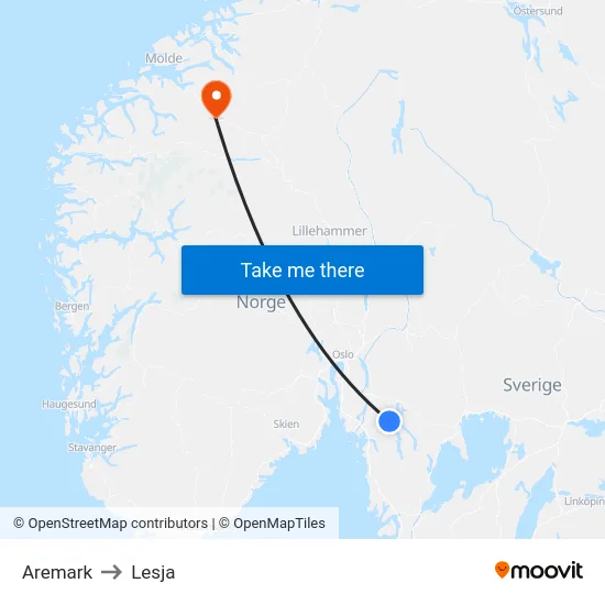Aremark to Lesja map