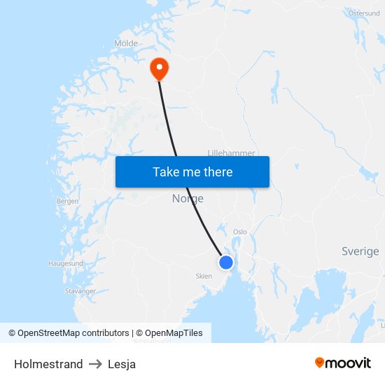 Holmestrand to Lesja map