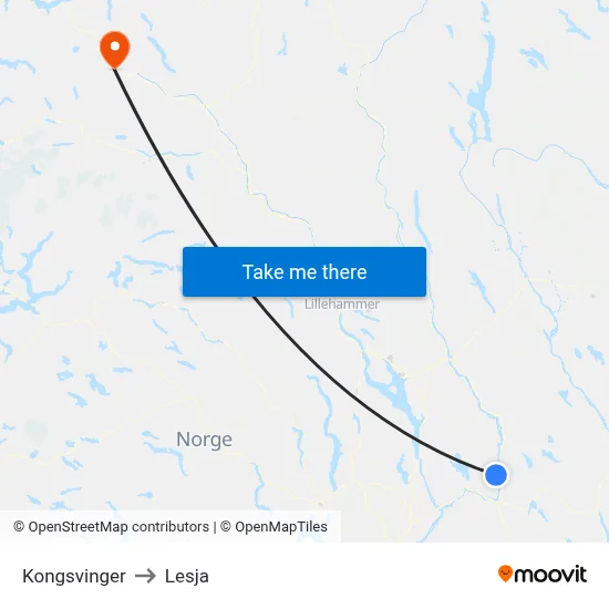 Kongsvinger to Lesja map