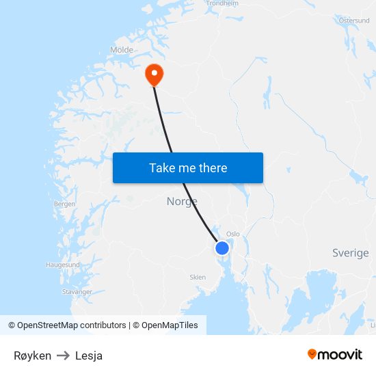 Røyken to Lesja map