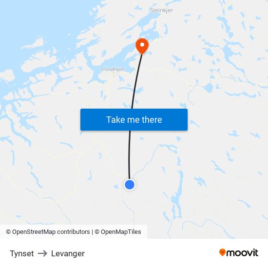 Tynset to Levanger map