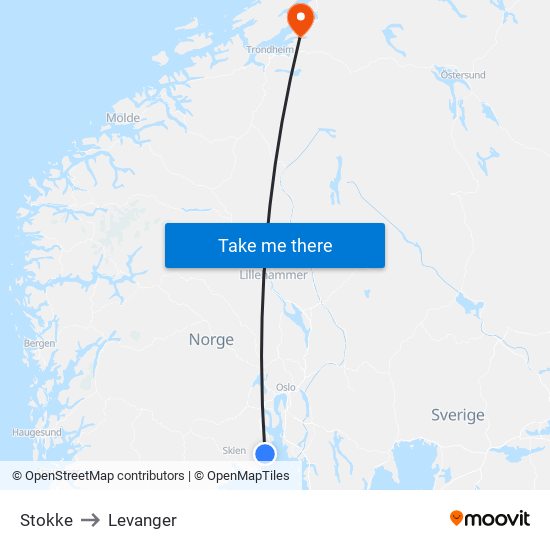 Stokke to Levanger map