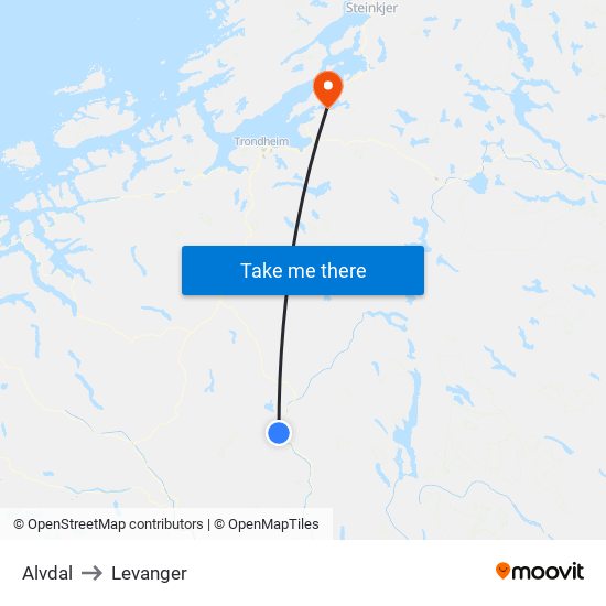 Alvdal to Levanger map