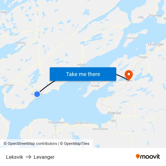 Leksvik to Levanger map