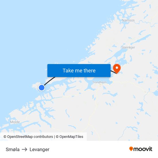 Smøla to Levanger map