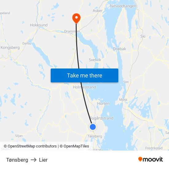 Tønsberg to Lier map