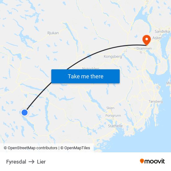 Fyresdal to Lier map