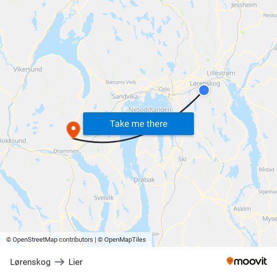 Lørenskog to Lier map